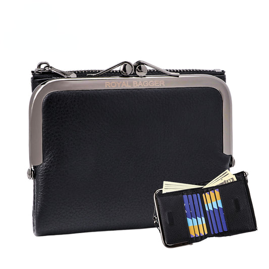 Royal Bagger Kiss Lock Short Wallets for Women Genuine Cow Leather Large Capacity Card Holder Fashion Casual Coin Purse 1482